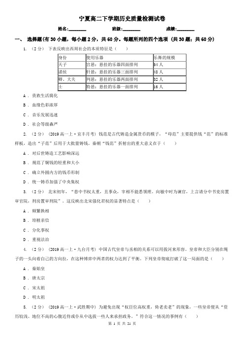 宁夏高二下学期历史质量检测试卷