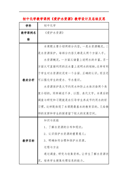 初中化学教学课例《爱护水资源》教学设计及总结反思