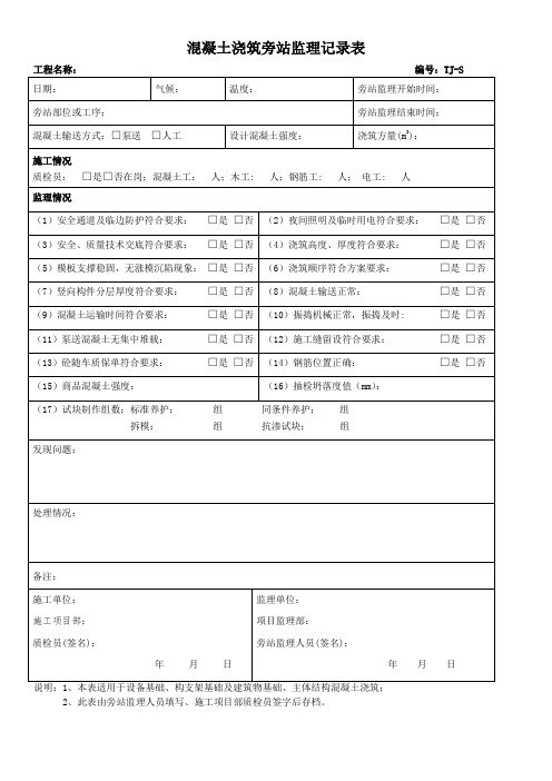 混凝土浇筑旁站监理记录表