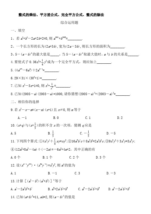 整式的乘法、平方差公式、完全平方公式、整式的除法