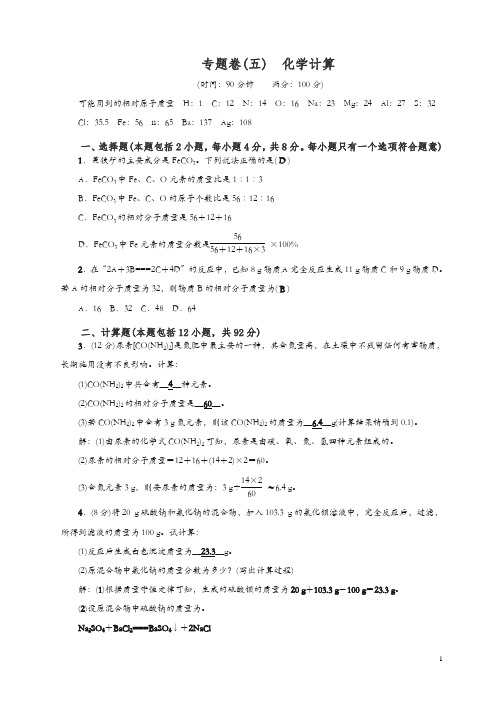 2019届初三化学精英复习：专题卷(五) 化学计算.doc