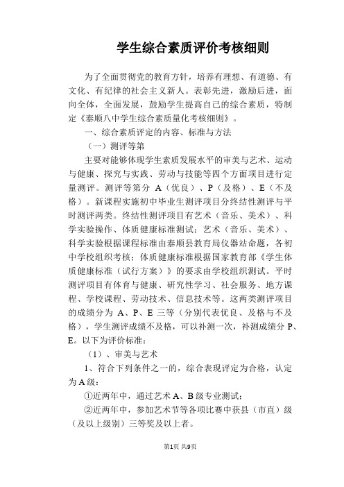 【学校管理规章制度】学生综合素质评价考核细则