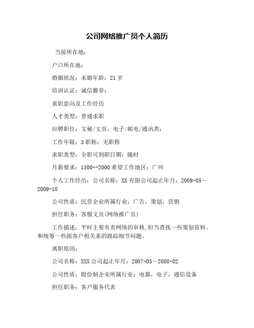 公司网络推广员个人简历
