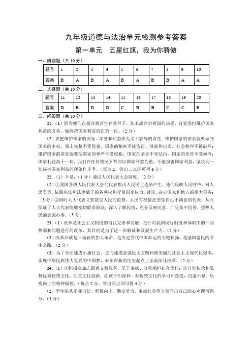 九年级道德与法治单元检测参考答案(鲁上)
