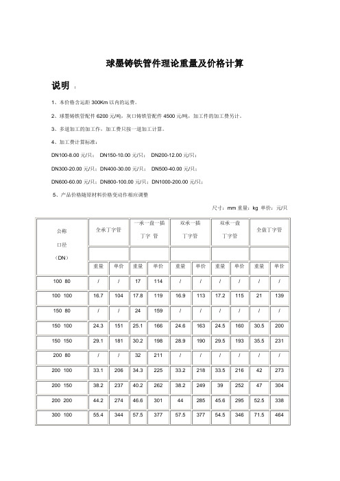 球墨铸铁管件理论重量及价格计算