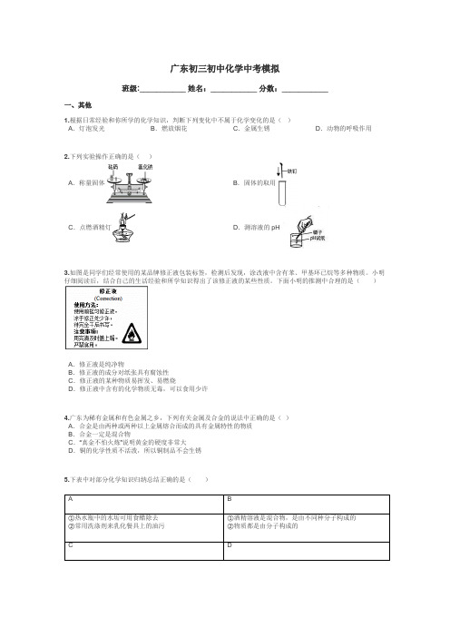 广东初三初中化学中考模拟带答案解析

