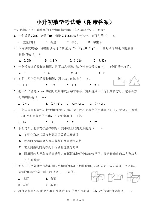 小升初数学考试卷(附带答案)