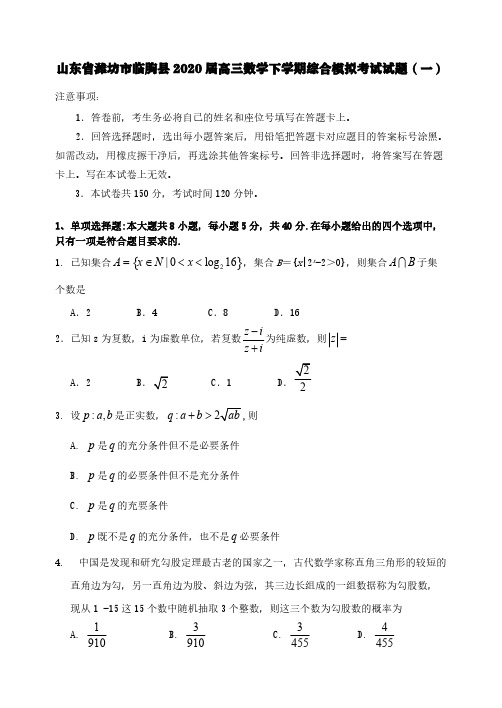 山东省潍坊市临朐县2020届高三数学下学期综合模拟考试试题【含答案】