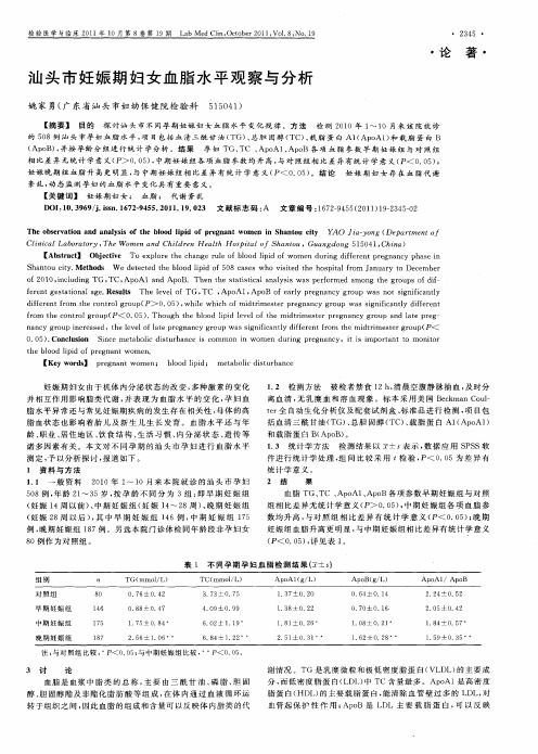 汕头市妊娠期妇女血脂水平观察与分析