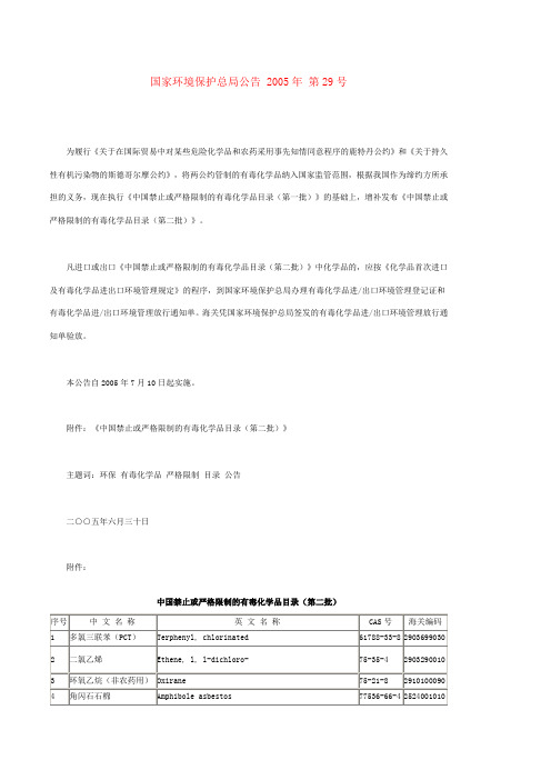 中国禁止或严格限制的有毒化学品目录(第二批)