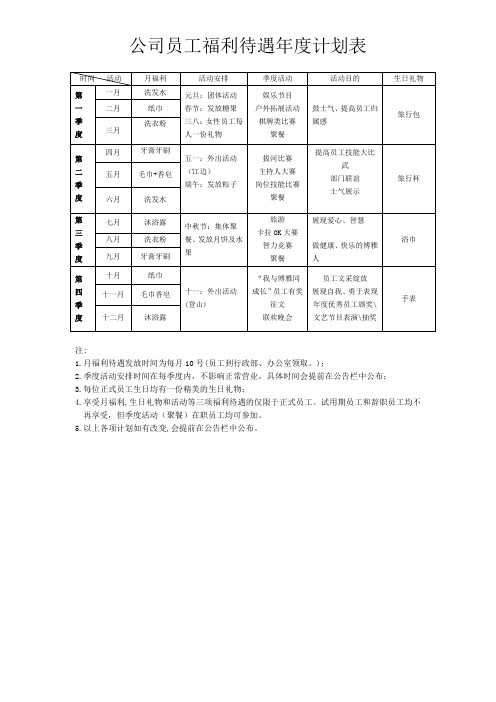 公司员工福利待遇年度计划表.doc