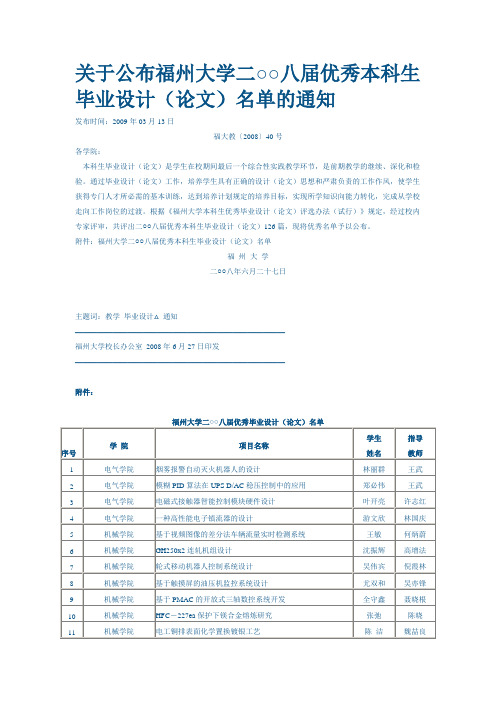福州大学二○○八届优秀本科生毕业设计(论文)名单