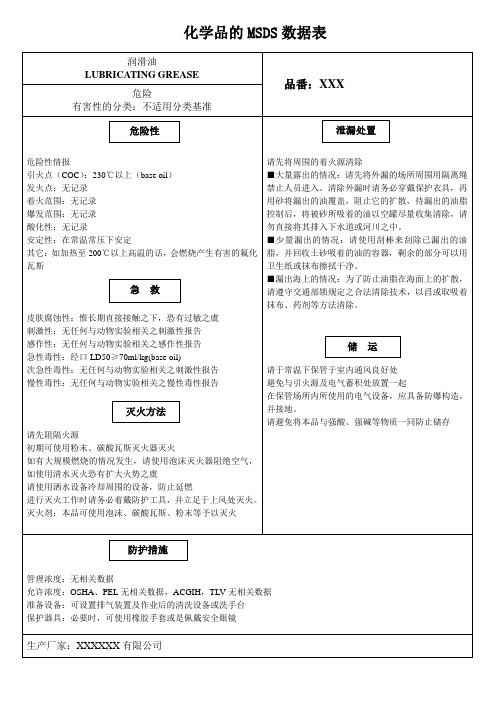 化学品的MSDS数据表(润滑油〕
