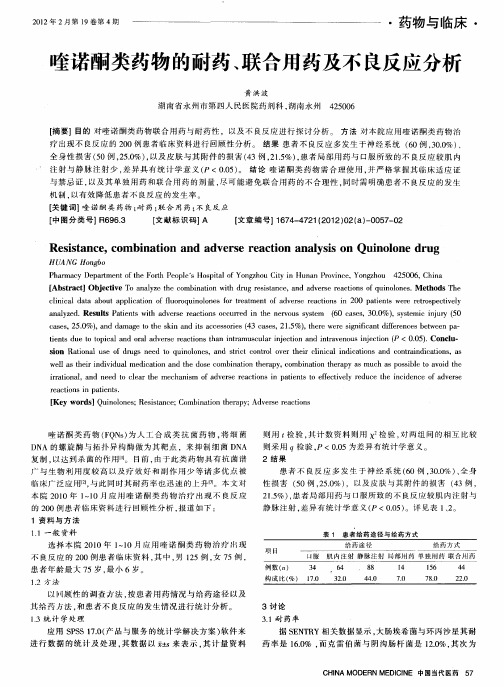 喹诺酮类药物的耐药、联合用药及不良反应分析