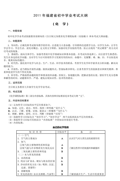 2010年福建省初中学业考试化学学科考试大纲