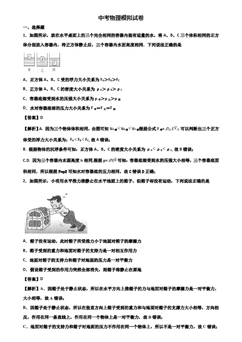 《试卷3份集锦》河南省名校2018-2019学年中考一模物理试题