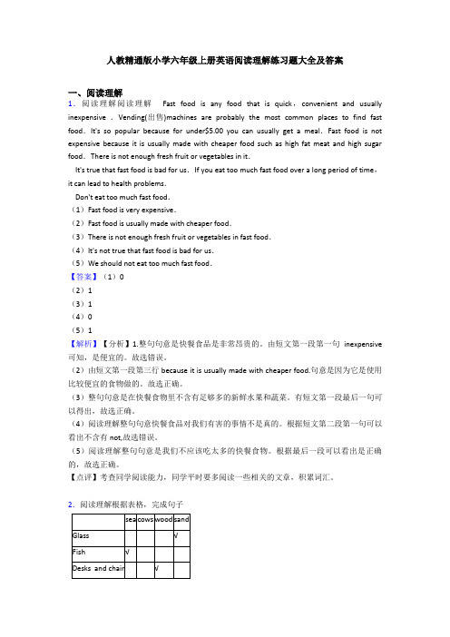 人教精通版小学六年级上册英语阅读理解练习题大全及答案