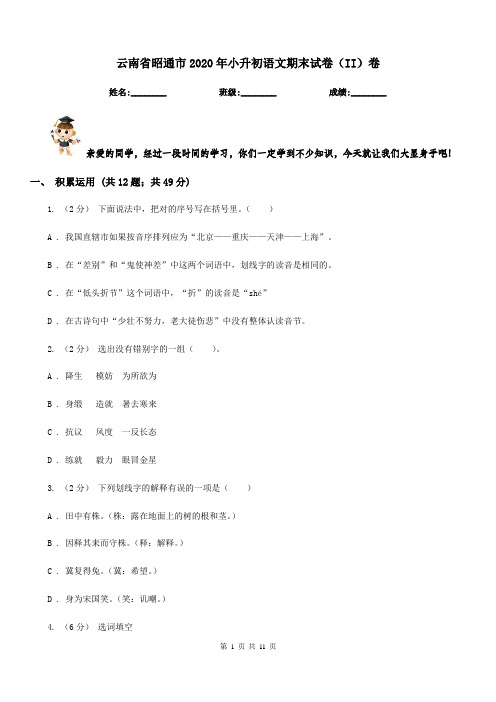 云南省昭通市2020年小升初语文期末试卷(II)卷