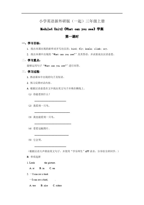 小学英语新外研版(一起)三年级上册新标准  Module4 Unit2 What  can you see学案——第教案