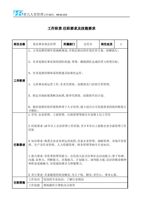 食品事业部总经理工作职责和任职要求模板