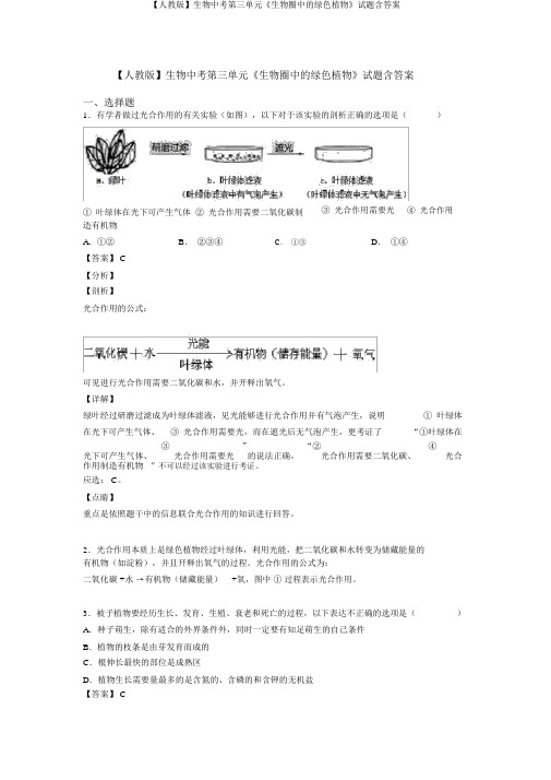 【人教版】生物中考第三单元《生物圈中的绿色植物》试题含答案