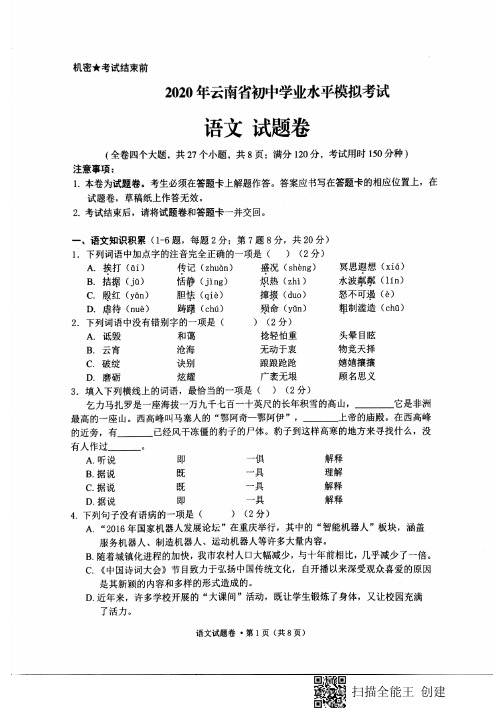 2020年云南省初中学业水平模拟考试语文试卷(有答案)
