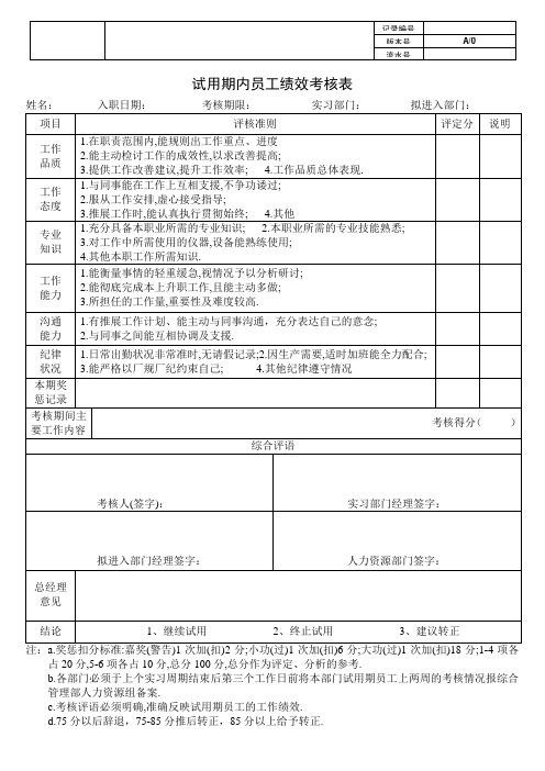 试用期内员工绩效考核表