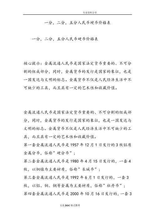 一分,二分,五分人民币硬币价格表