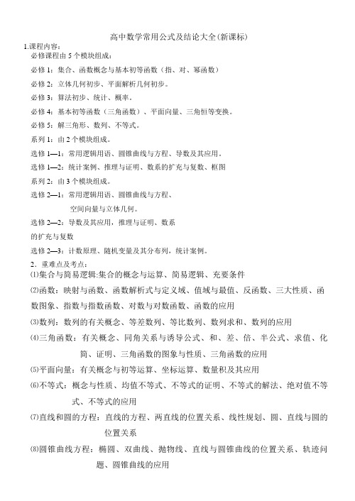 高中数学常用公式及结论大全新课标
