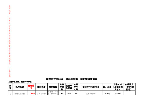 黑龙江大学2011-2012学年第一学期实验授课表