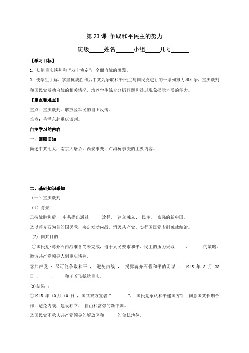河北省石家庄市复兴中学冀人版八年级历史上册(2017)教学案(无答案)第23课 争取和平民主的努力