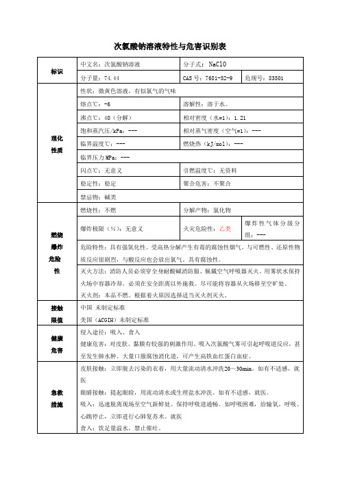 次氯酸钠溶液特性与危害识别表安全技术说明书