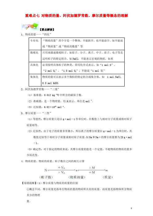 高中化学 第一章 从实验学化学 重难点七 对物质的量、阿伏加德罗常数、摩尔质量等概念的理解(含解析)