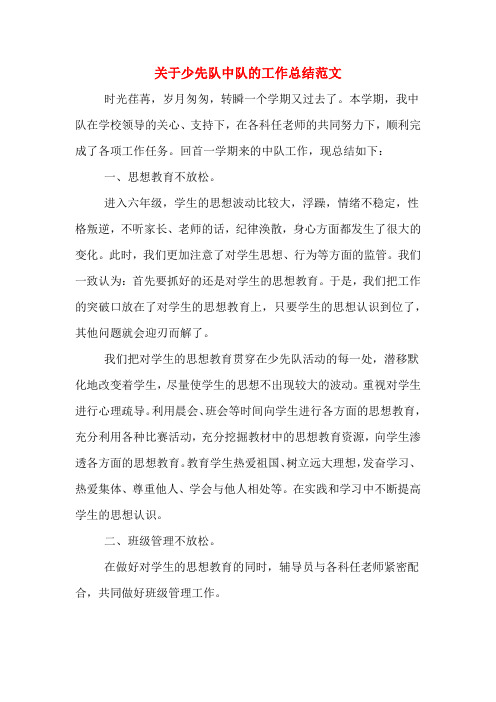2019年关于少先队中队的工作总结范文
