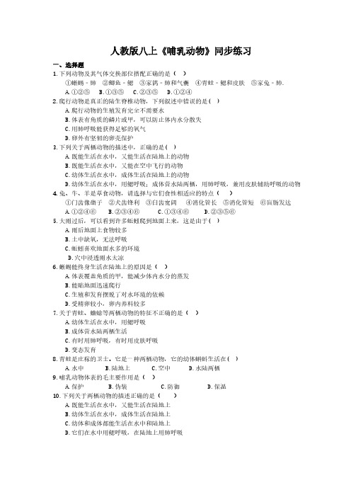 2020年人教版生物八上《哺乳动物》同步练习(含答案)