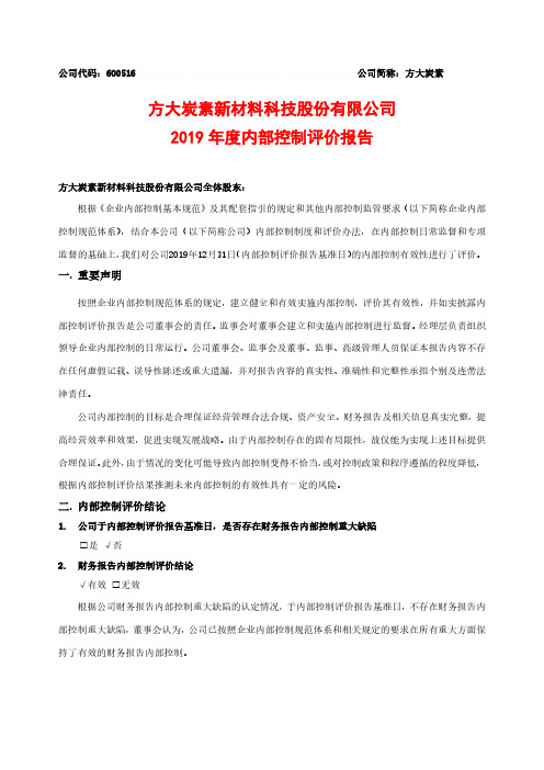 方大炭素：2019年度内部控制评价报告