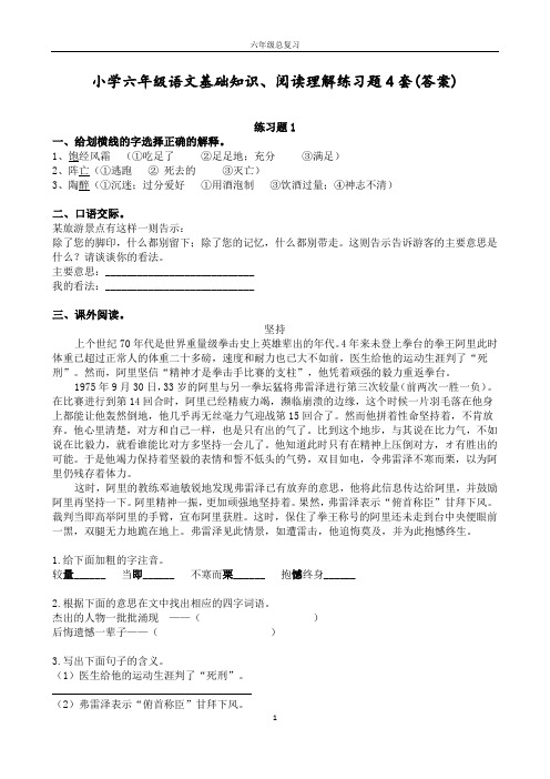 【小升初】小学六年级语文基础知识、阅读理解练习题4套(答案)(毕业班总复习)