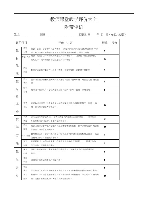 教师课堂教学评价大全附带评语