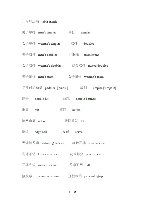 乒乓球英语