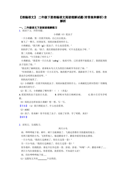 二年级【部编语文】 二年级下册部编语文阅读理解试题(有答案和解析)含解析