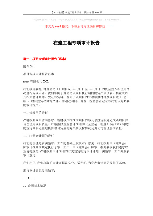 【2018最新】在建工程专项审计报告-推荐word版 (6页)