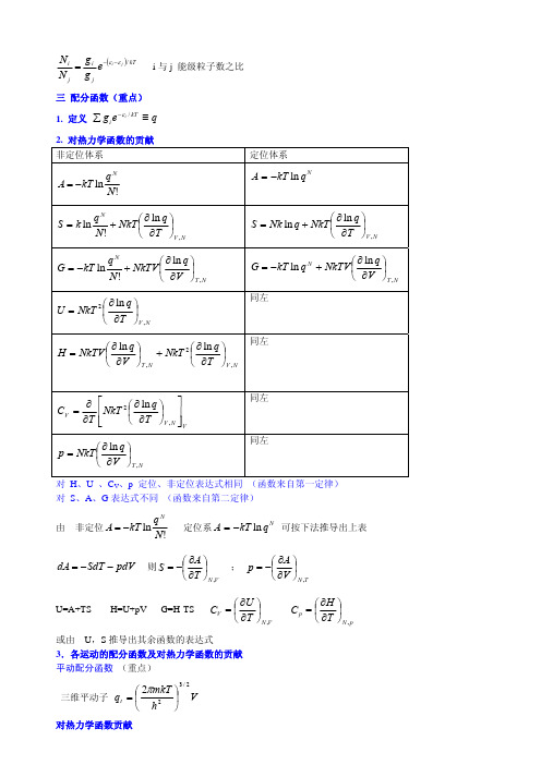 物理化学第七章统计热力学配分函数章节小结公式总结