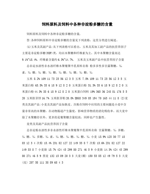 饲料原料及饲料中各种非淀粉多糖的含量