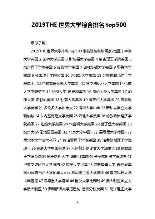 2019THE世界大学综合排名top500