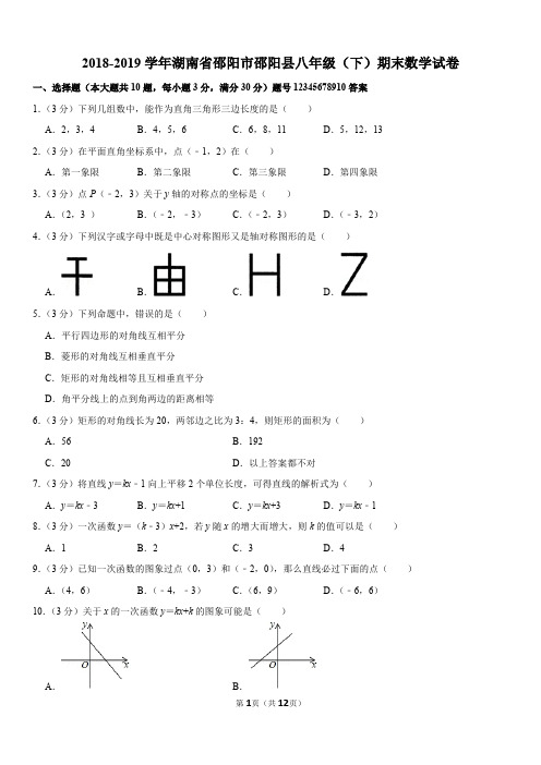 2018-2019学年湖南省邵阳市邵阳县八年级(下)期末数学试卷