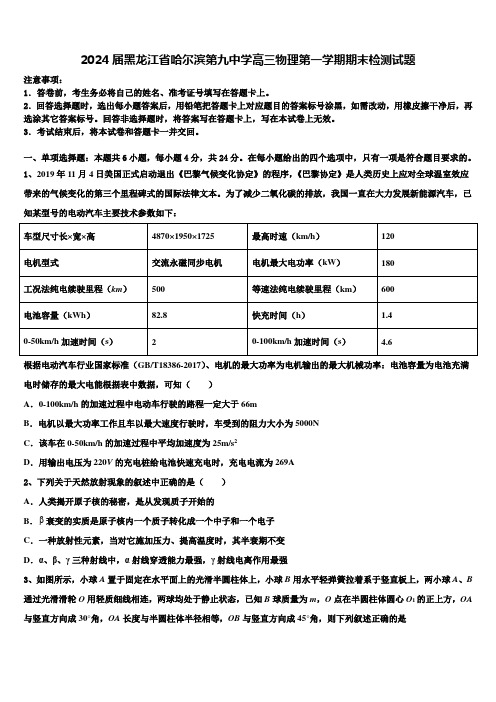 2024届黑龙江省哈尔滨第九中学高三物理第一学期期末检测试题含解析