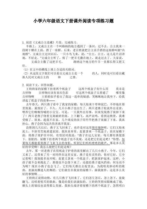 小学六年级语文下册课外阅读专项练习题