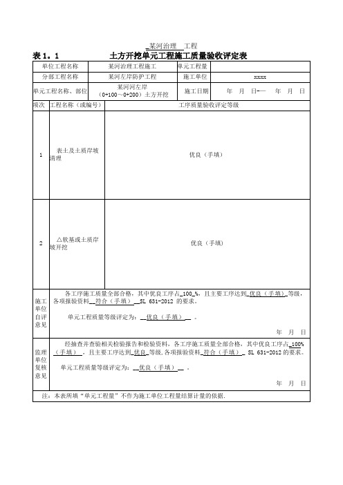 土方开挖单元工程施工质量验收评定表