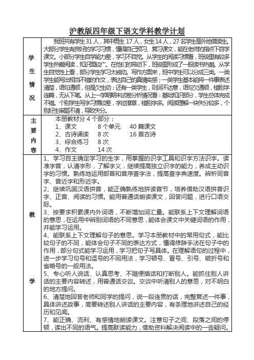 沪教版四年级下语文学科计划