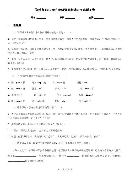 郑州市2019年九年级调研测试语文试题A卷